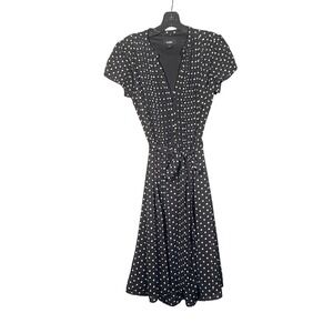 MSK Polka Dot Pintuck Black White Pleated Midi Dress Womens Size 6 Belted